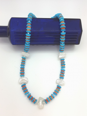 Stablized Turquoise, Spiny Oyster and Pearls Necklace