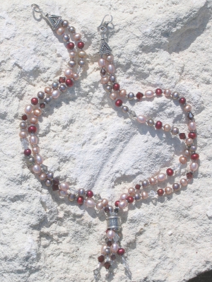 Cultured Cranberry, Pink and Grey Pearls Swarvoski Necklace